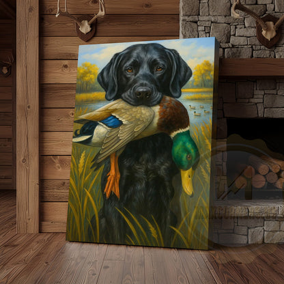 Black Lab Retriever With Duck Hunting Art Wrapped Canvas