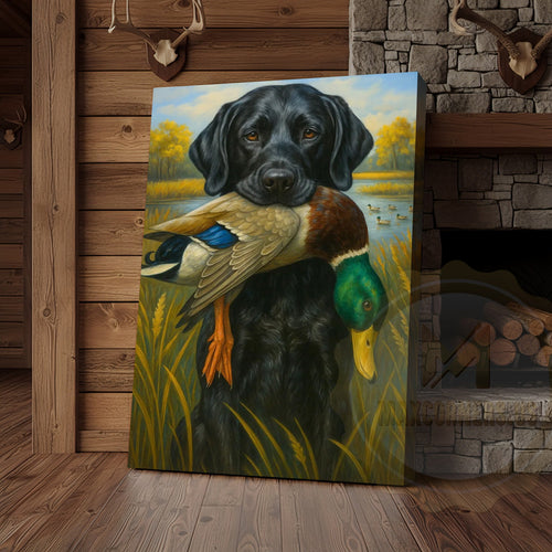 Black Lab Retriever With Duck Hunting Art Wrapped Canvas