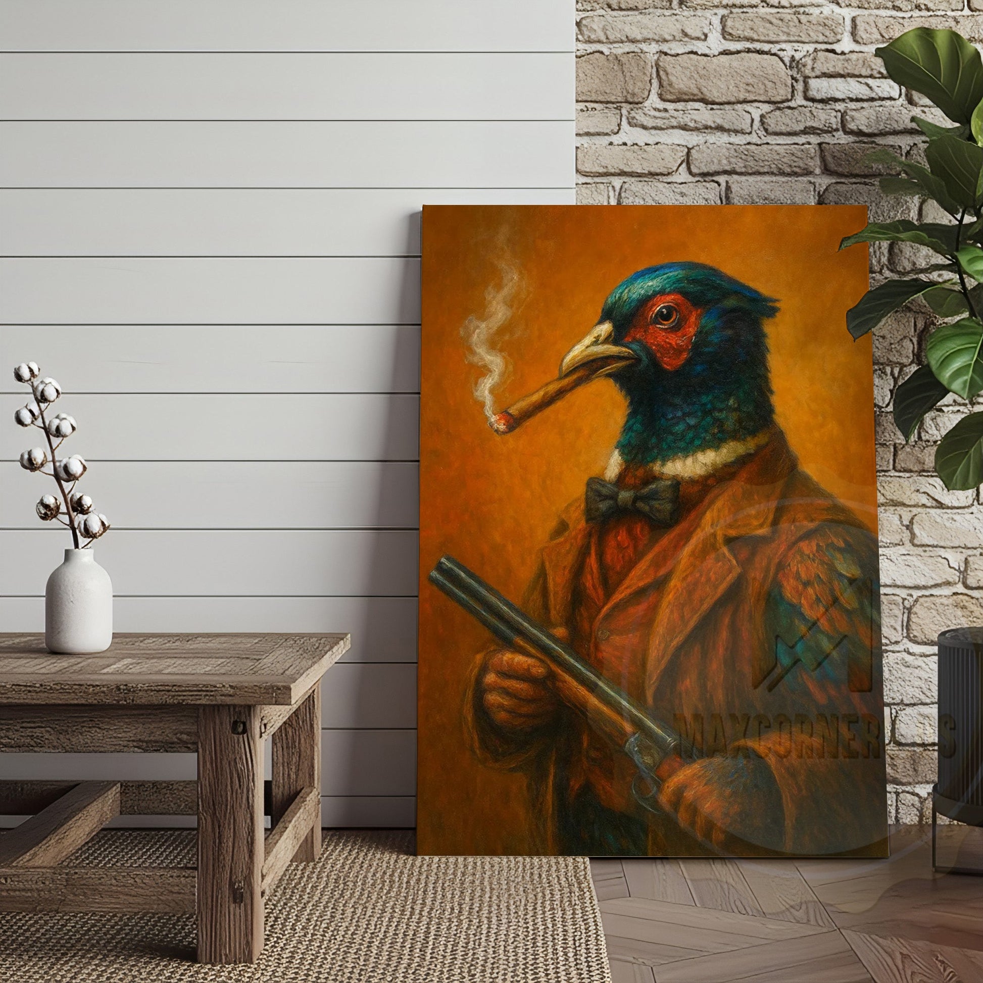 Pheasant Hunter With Shotgun Vintage Rustic Bar Art Wrapped Canvas