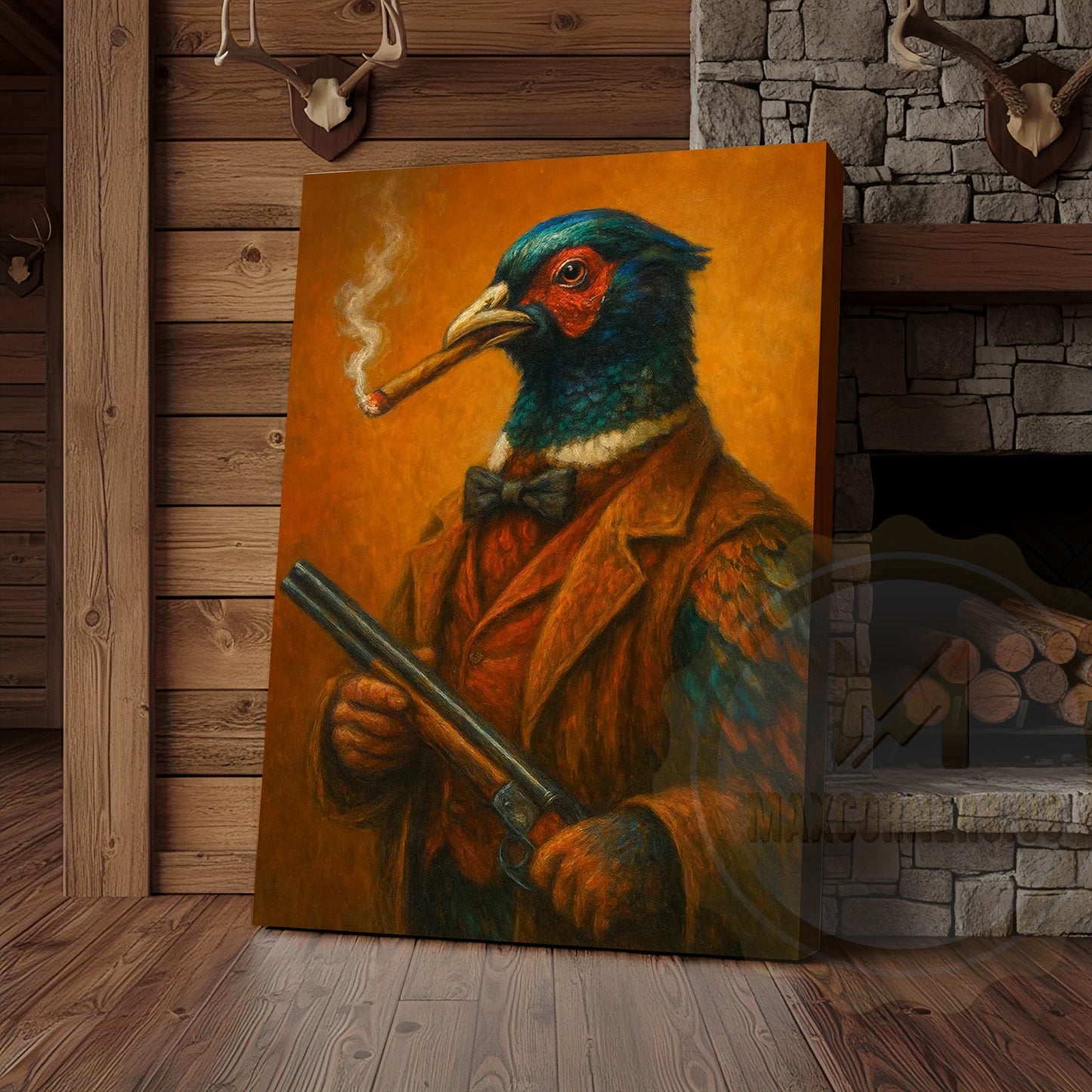 Pheasant Hunter With Shotgun Vintage Rustic Bar Art Wrapped Canvas