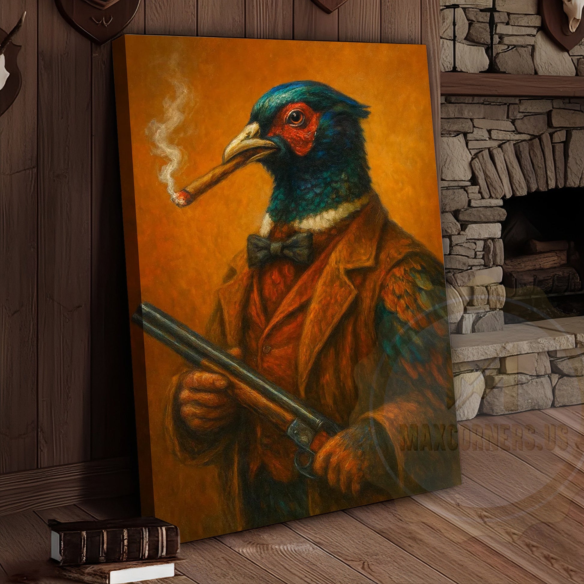 Pheasant Hunter With Shotgun Vintage Rustic Bar Art Wrapped Canvas