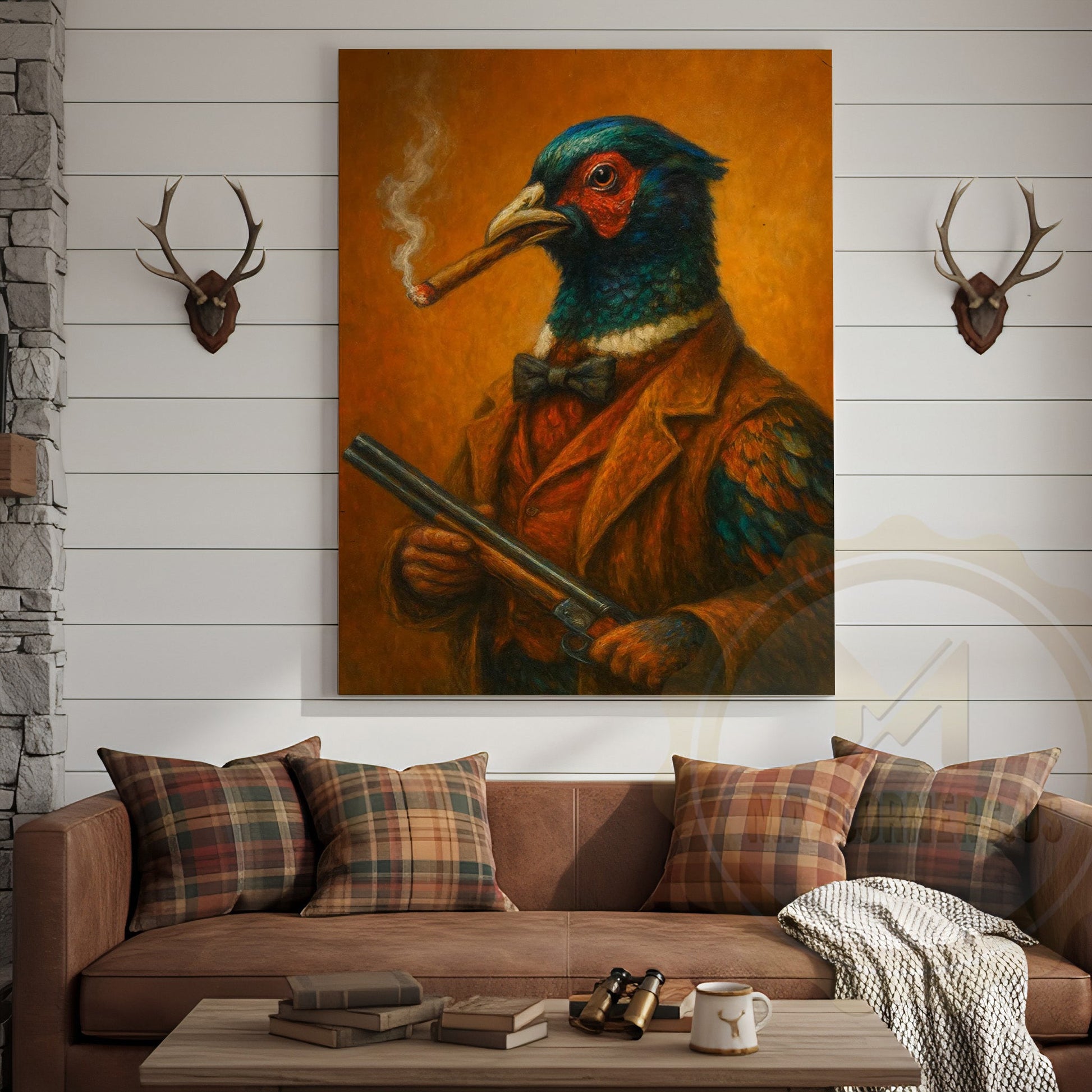 Pheasant Hunter With Shotgun Vintage Rustic Bar Art Wrapped Canvas