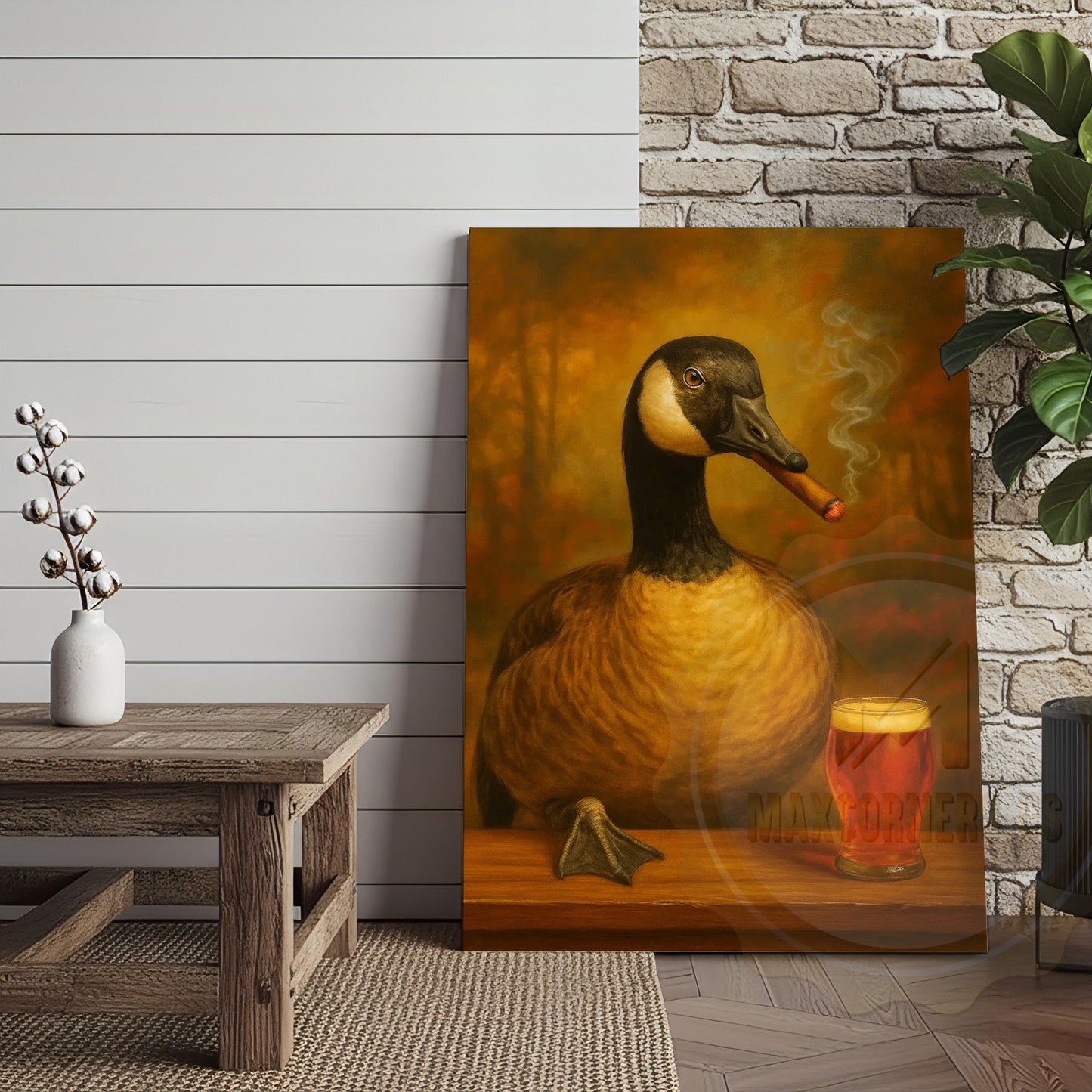 Goose Drinking Beer Rustic Bar Decor Wrapped Canvas