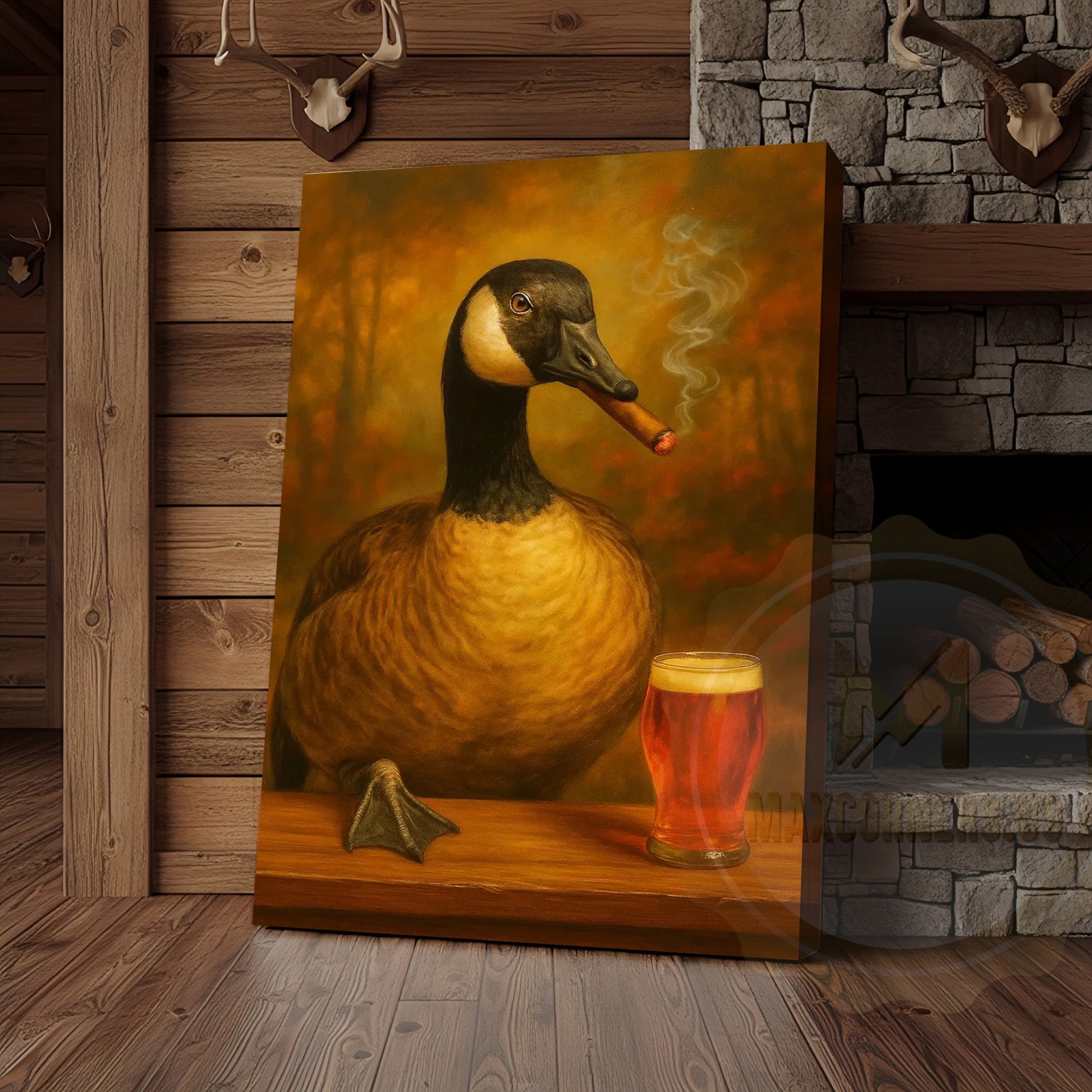 Goose Drinking Beer Rustic Bar Decor Wrapped Canvas