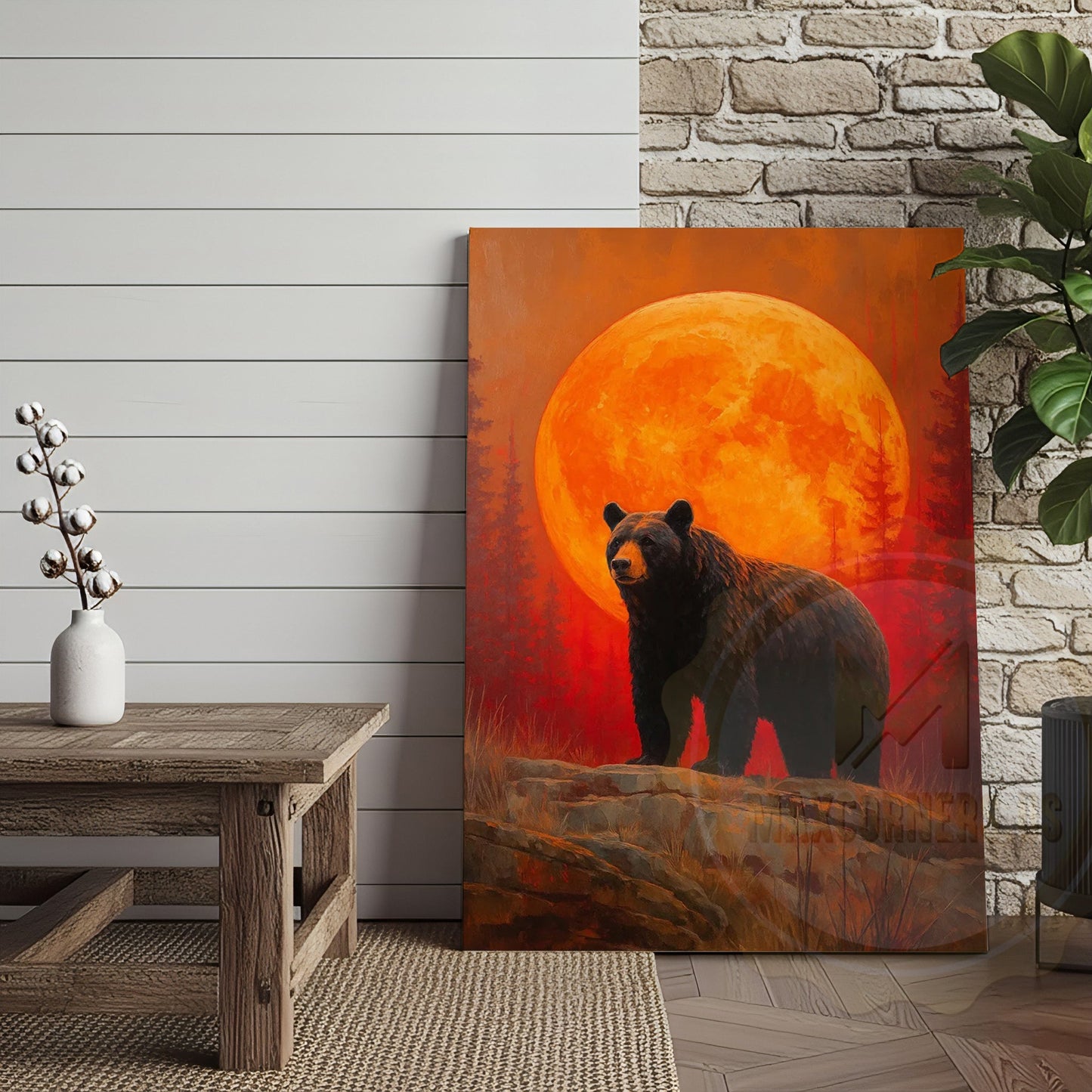 Black Bear Full Moon Rustic Forest Scene Wrapped Canvas