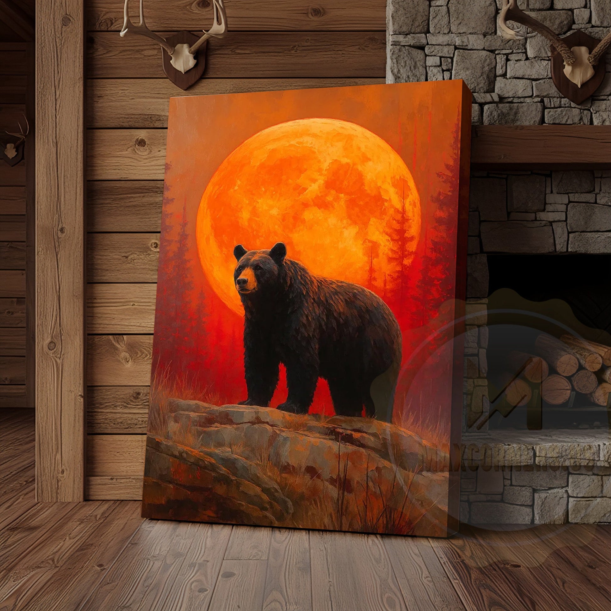 Black Bear Full Moon Rustic Forest Scene Wrapped Canvas