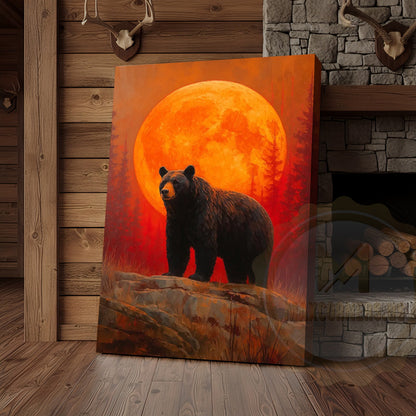 Black Bear Full Moon Rustic Forest Scene Wrapped Canvas