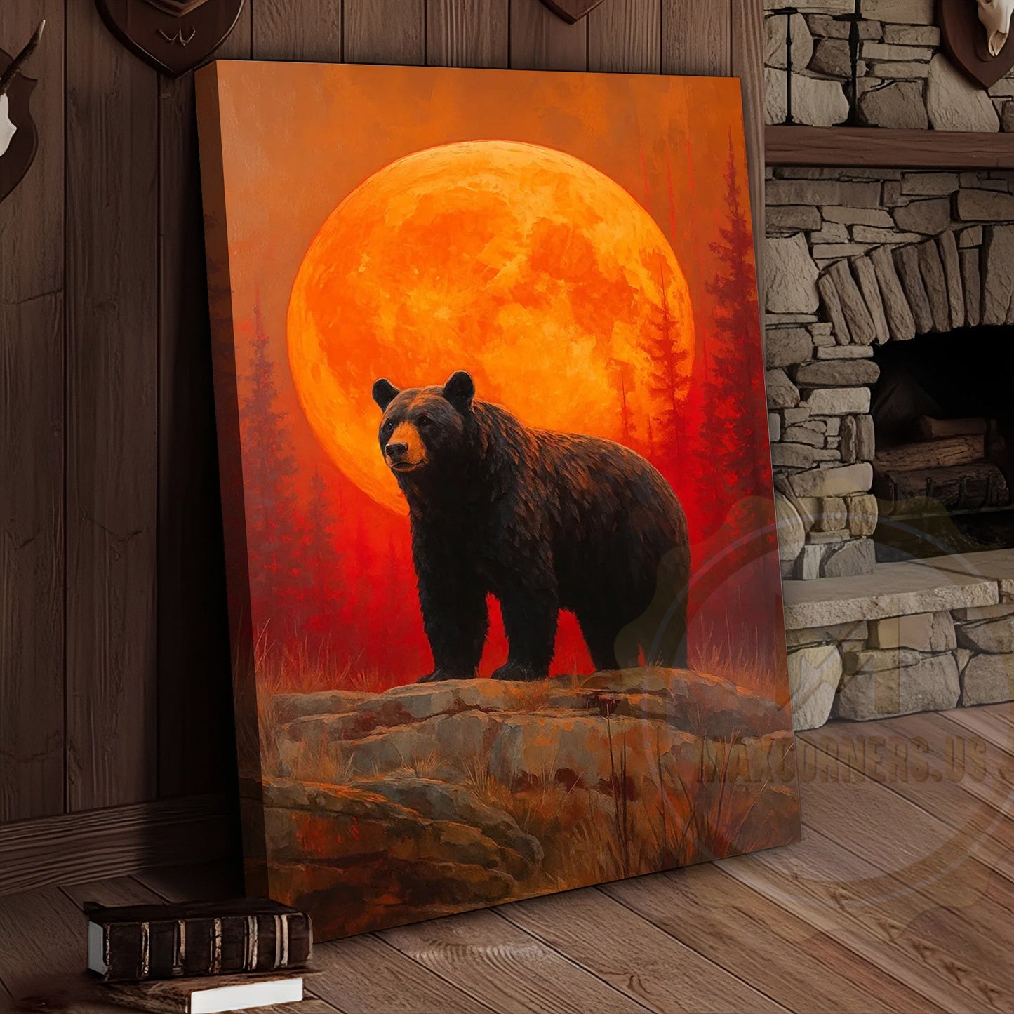 Black Bear Full Moon Rustic Forest Scene Wrapped Canvas