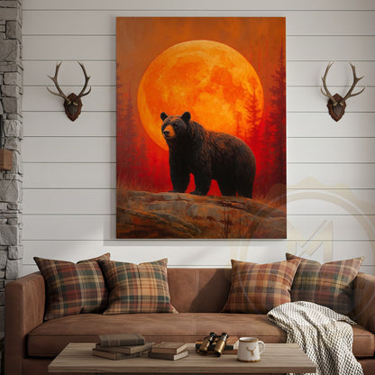 Black Bear Full Moon Rustic Forest Scene Wrapped Canvas