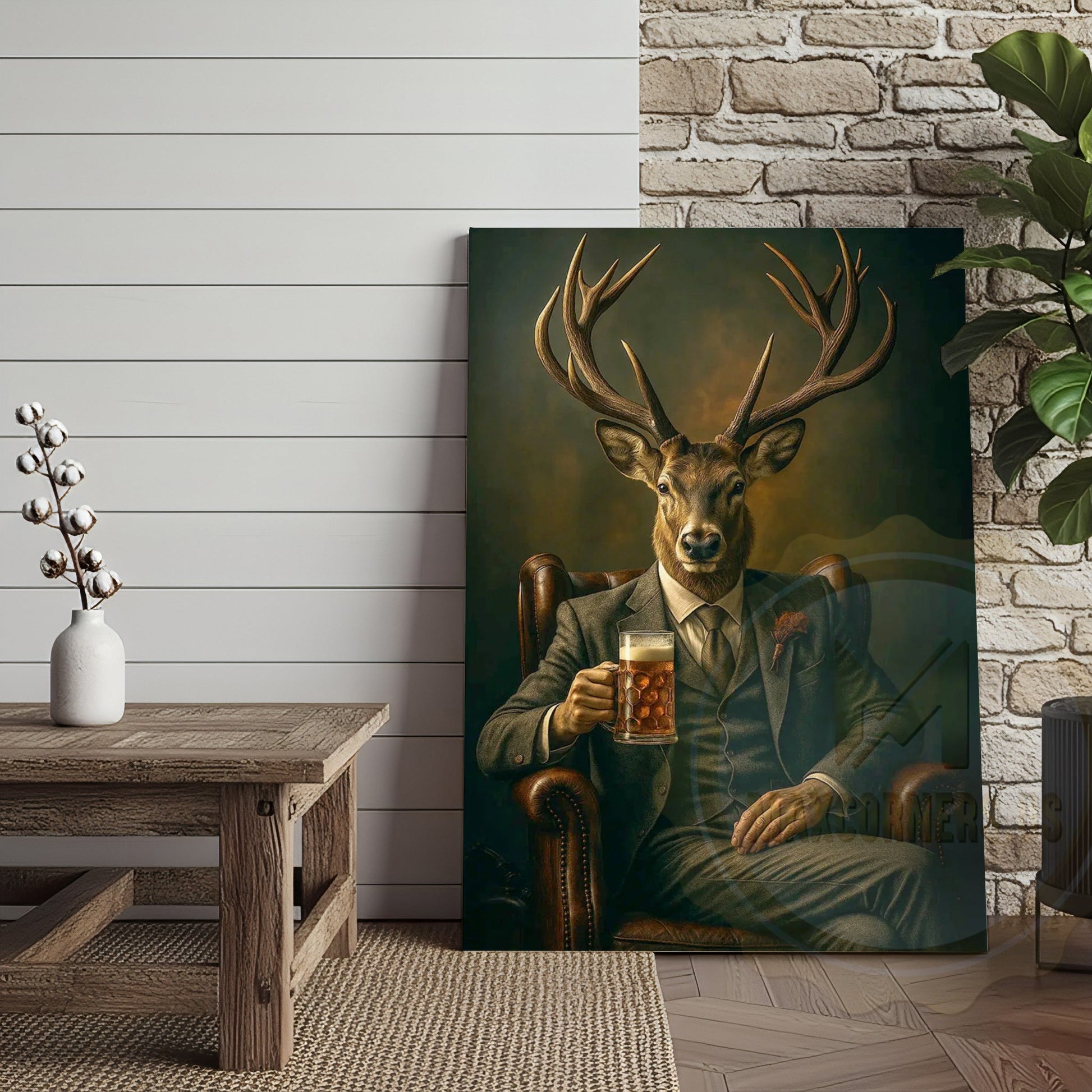 Deer Gentleman In Suit With Beer Rustic Bar Art Wrapped Canvas