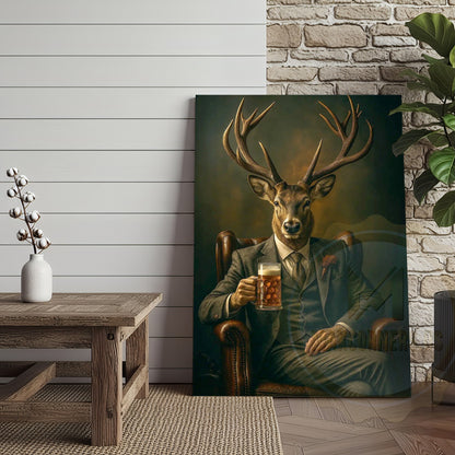 Deer Gentleman In Suit With Beer Rustic Bar Art Wrapped Canvas