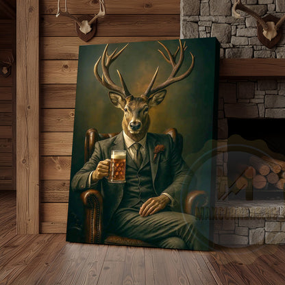 Deer Gentleman In Suit With Beer Rustic Bar Art Wrapped Canvas