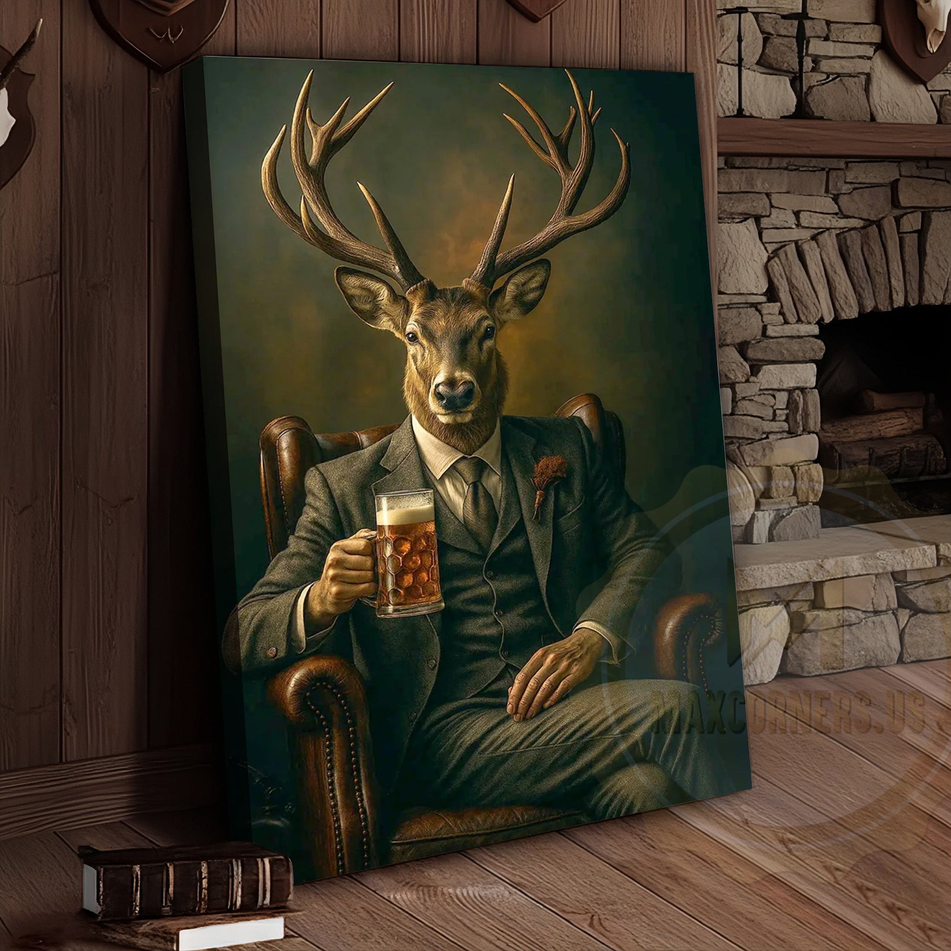 Deer Gentleman In Suit With Beer Rustic Bar Art Wrapped Canvas