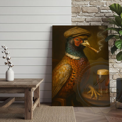 Pheasant With Cap Smoking Cigar Rustic Pub Decor Wrapped Canvas