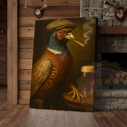 Pheasant With Cap Smoking Cigar Rustic Pub Decor Wrapped Canvas