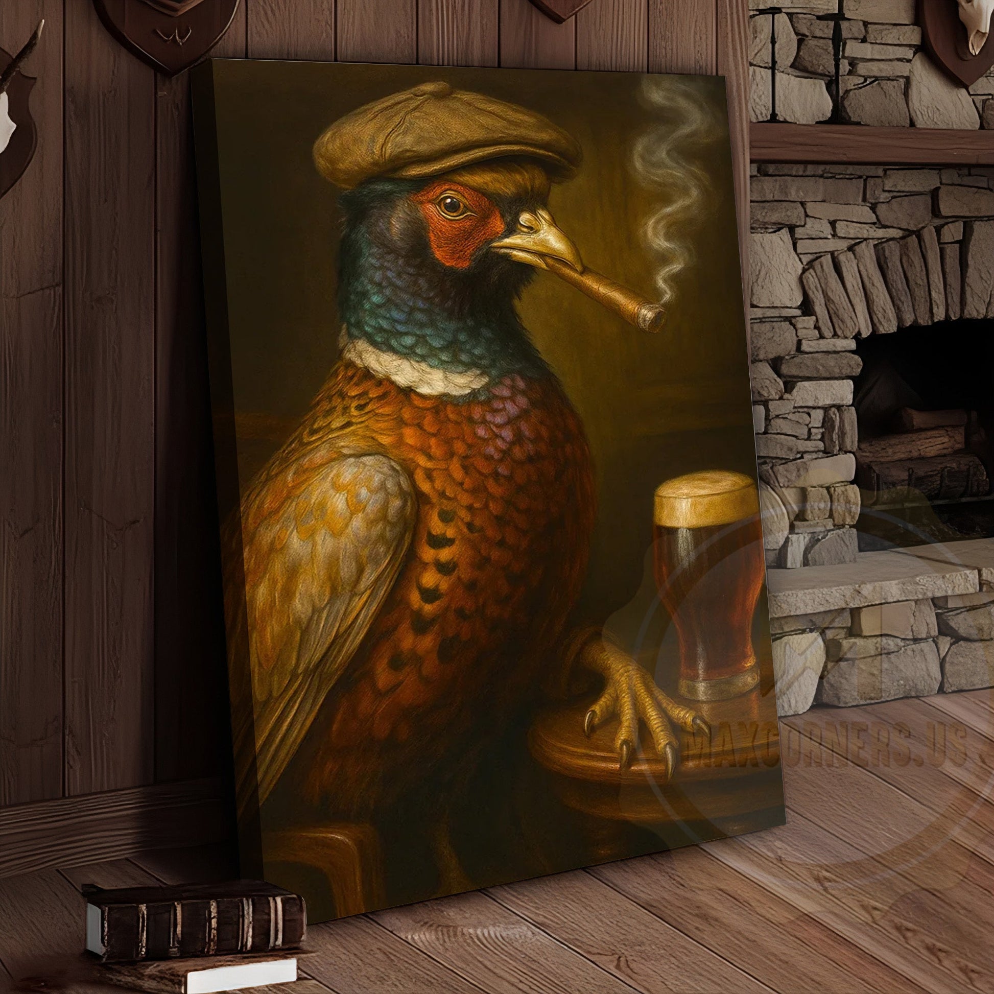 Pheasant With Cap Smoking Cigar Rustic Pub Decor Wrapped Canvas