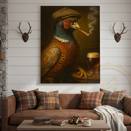 Pheasant With Cap Smoking Cigar Rustic Pub Decor Wrapped Canvas