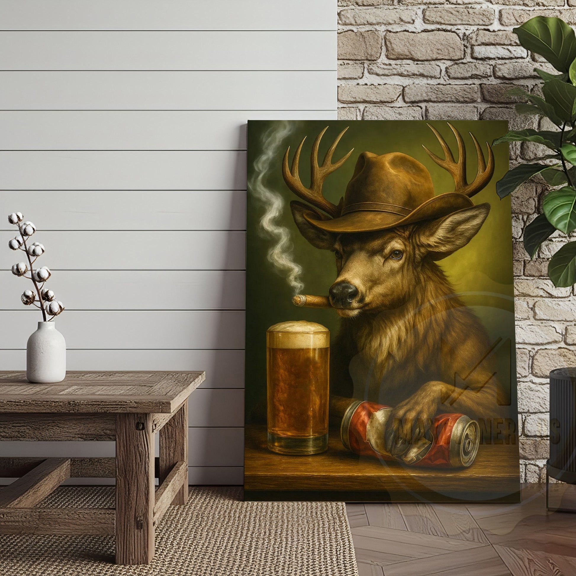 Deer Cowboy With Beer And Cigar Rustic Bar Wall Art Wrapped Canvas