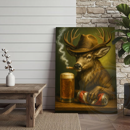 Deer Cowboy With Beer And Cigar Rustic Bar Wall Art Wrapped Canvas
