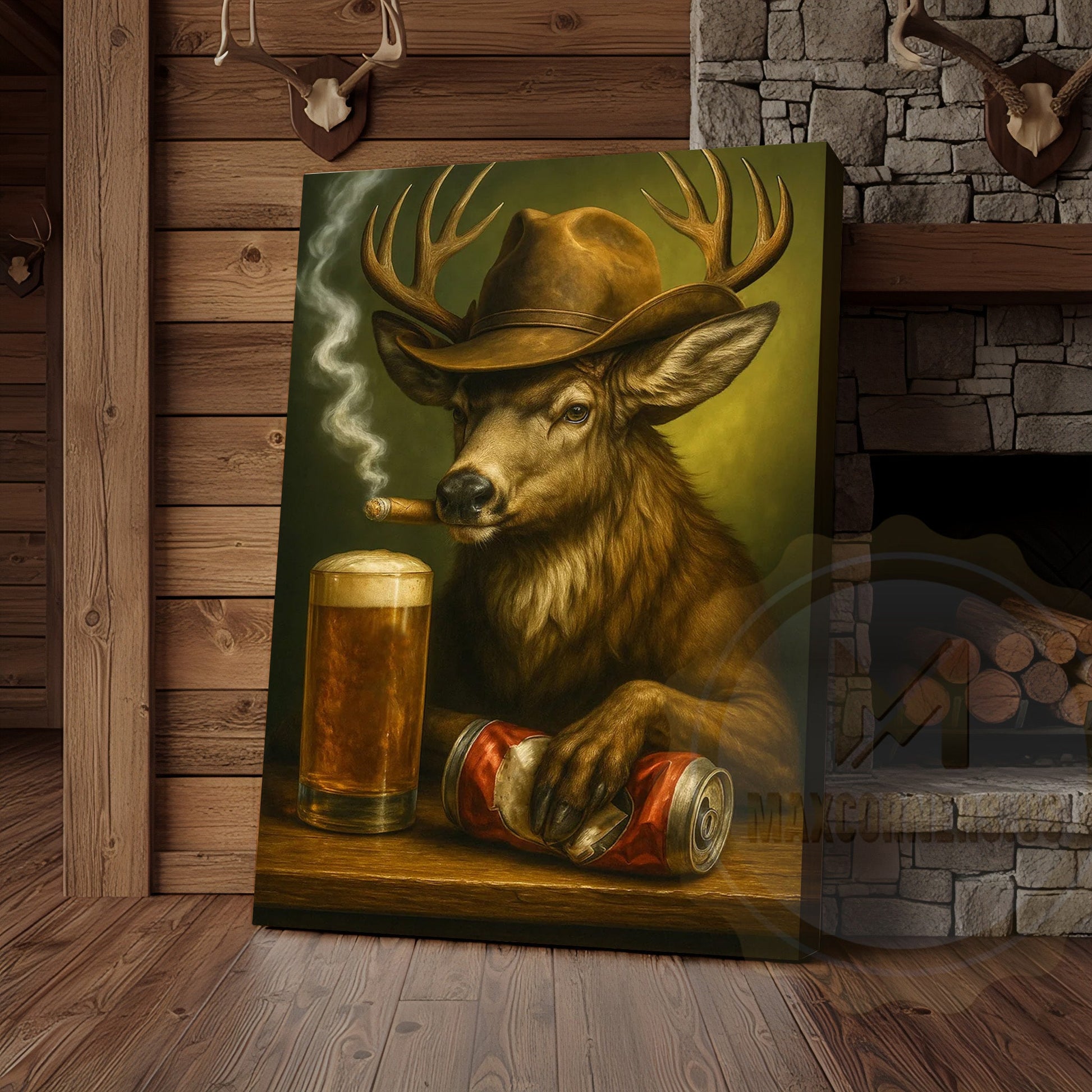 Deer Cowboy With Beer And Cigar Rustic Bar Wall Art Wrapped Canvas