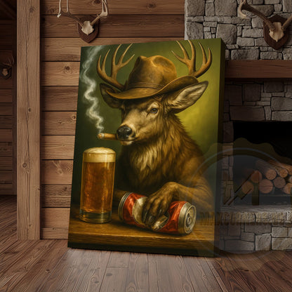 Deer Cowboy With Beer And Cigar Rustic Bar Wall Art Wrapped Canvas