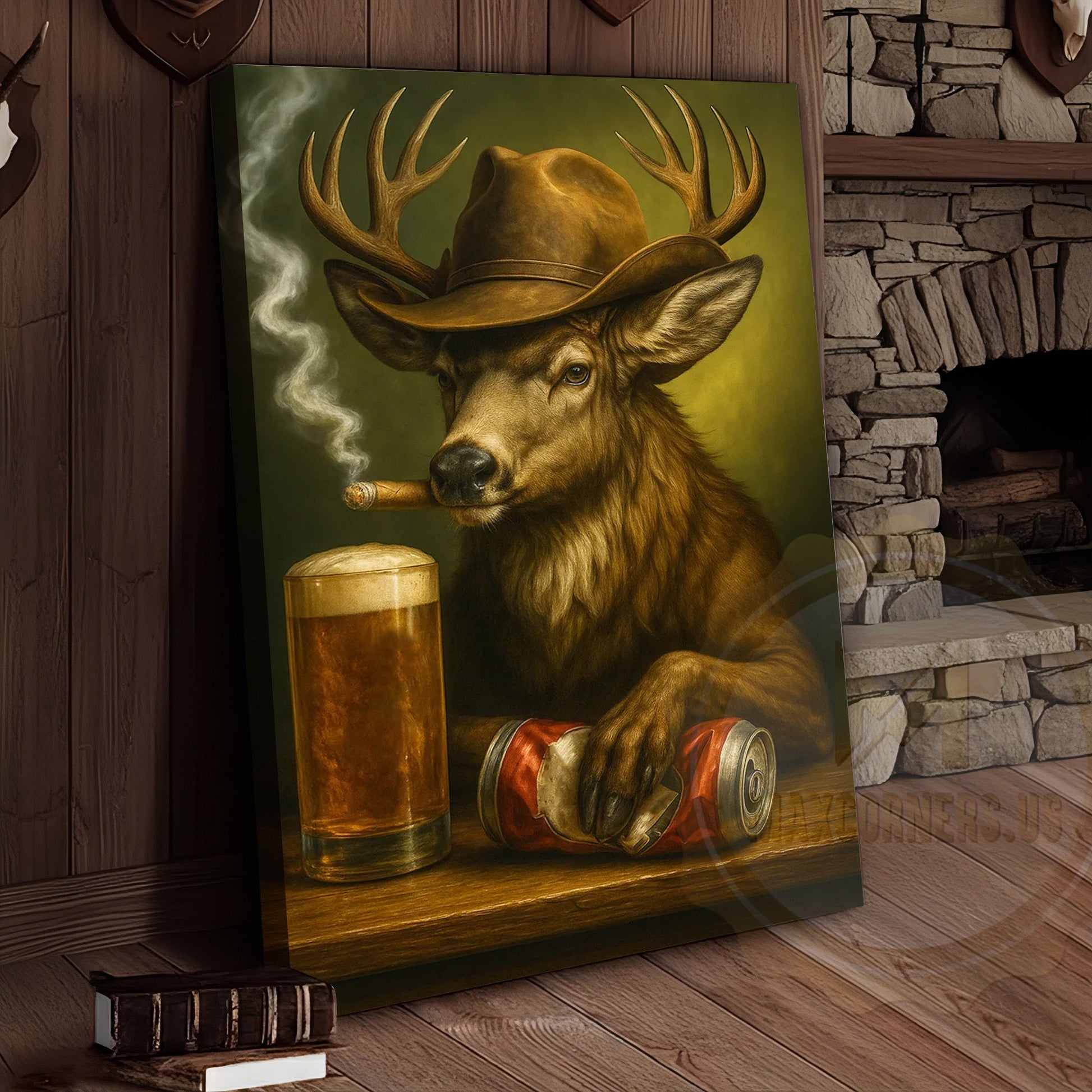 Deer Cowboy With Beer And Cigar Rustic Bar Wall Art Wrapped Canvas
