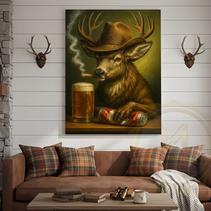 Deer Cowboy With Beer And Cigar Rustic Bar Wall Art Wrapped Canvas