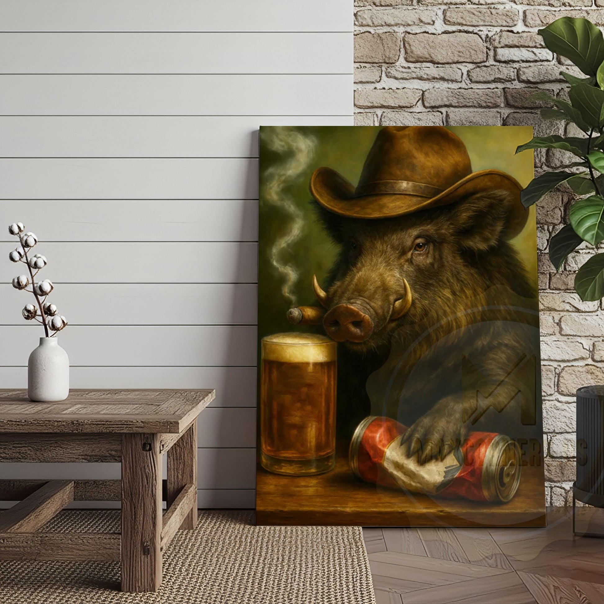 Wild Boar Cowboy With Beer Rustic Bar Wall Art Wrapped Canvas