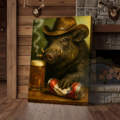 Wild Boar Cowboy With Beer Rustic Bar Wall Art Wrapped Canvas