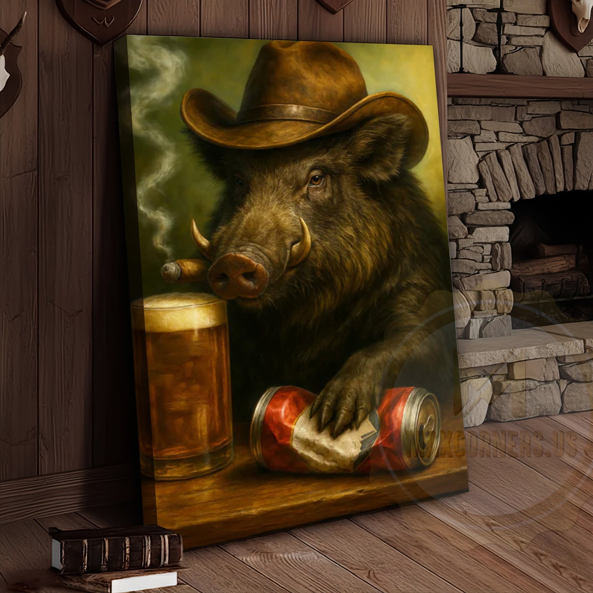 Wild Boar Cowboy With Beer Rustic Bar Wall Art Wrapped Canvas