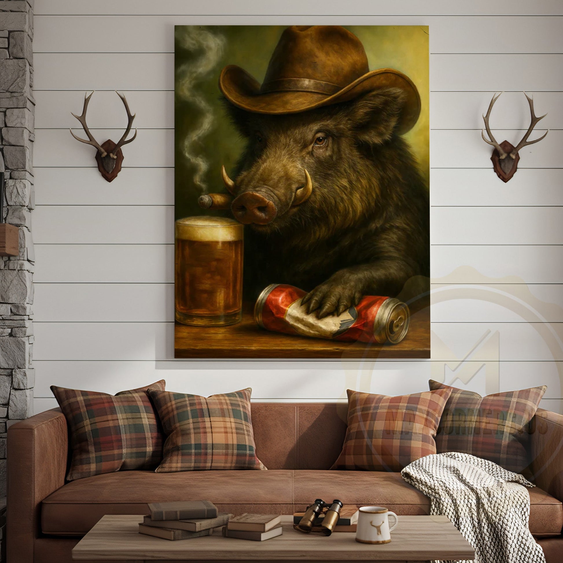 Wild Boar Cowboy With Beer Rustic Bar Wall Art Wrapped Canvas
