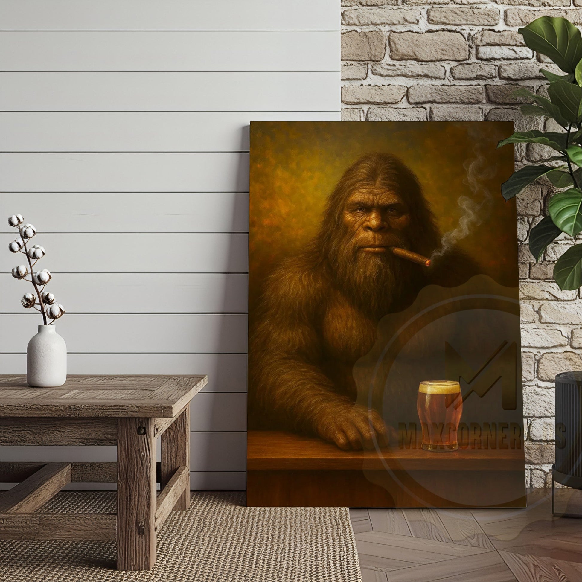 Bigfoot Smoking Cigar With Beer Rustic Lodge Wall Art Wrapped Canvas