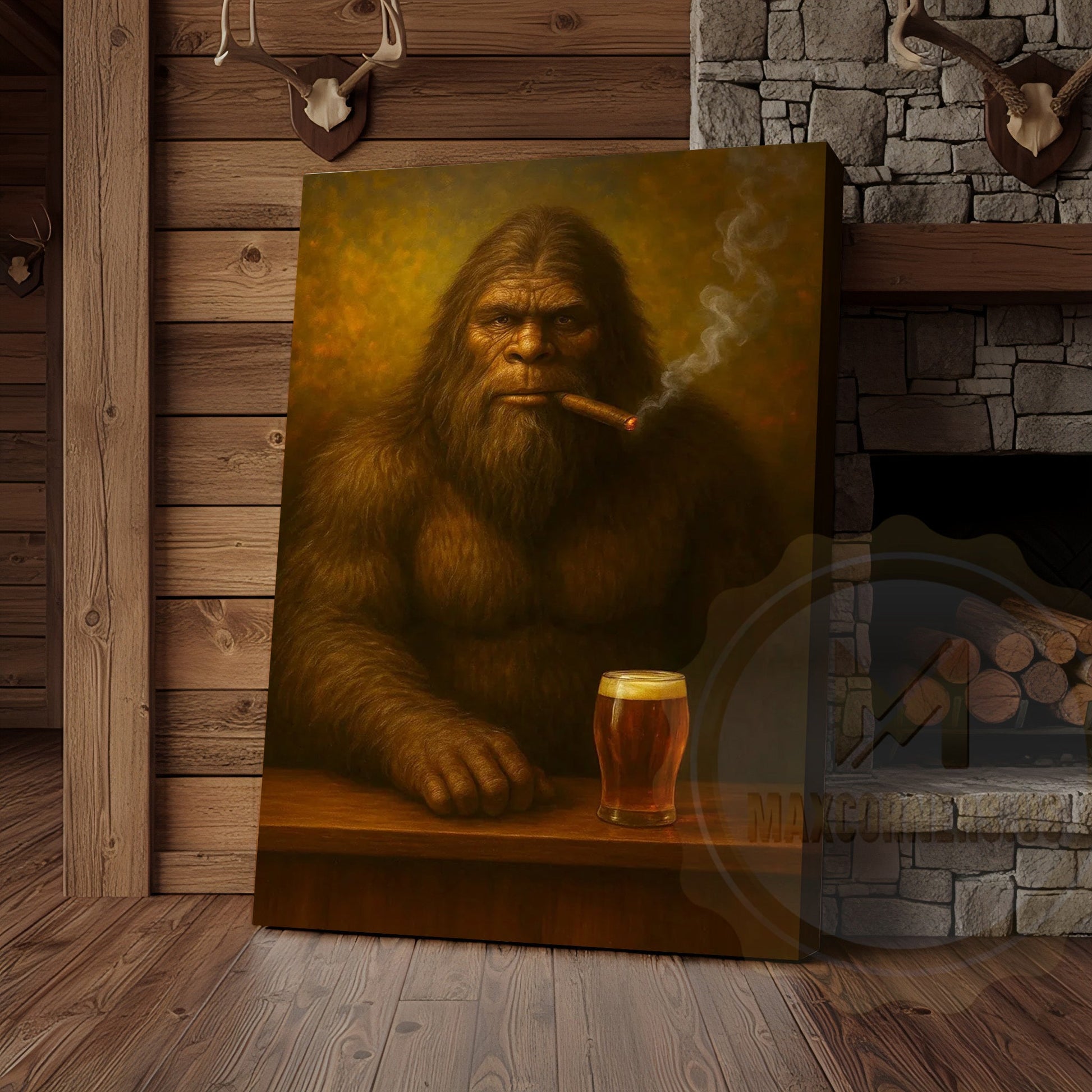 Bigfoot Smoking Cigar With Beer Rustic Lodge Wall Art Wrapped Canvas