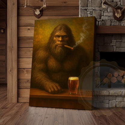 Bigfoot Smoking Cigar With Beer Rustic Lodge Wall Art Wrapped Canvas