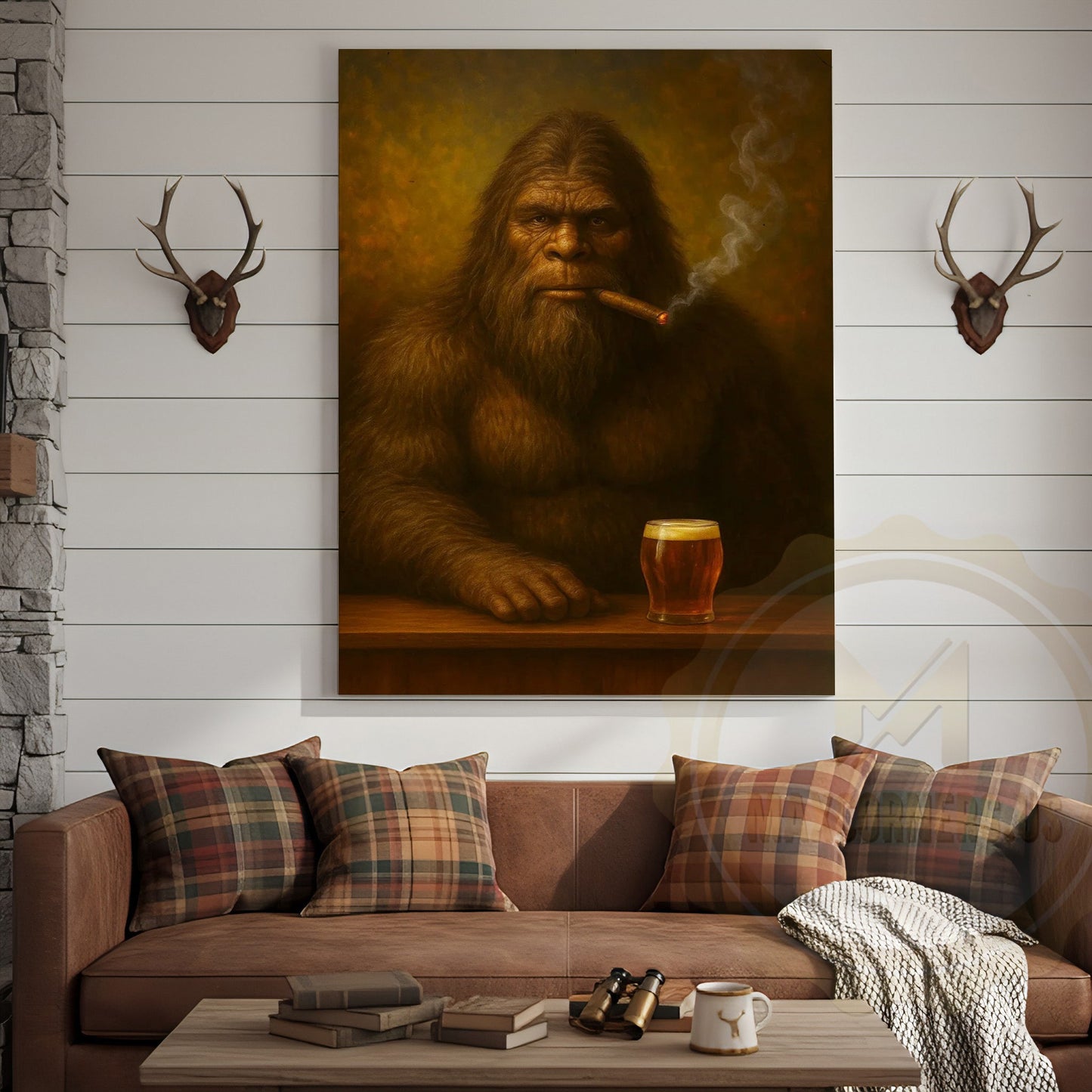 Bigfoot Smoking Cigar With Beer Rustic Lodge Wall Art Wrapped Canvas