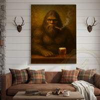 Bigfoot Smoking Cigar With Beer Rustic Lodge Wall Art Wrapped Canvas