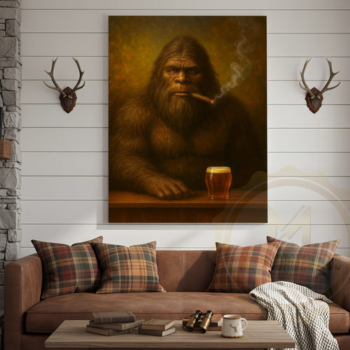 Bigfoot Smoking Cigar With Beer Rustic Lodge Wall Art Wrapped Canvas