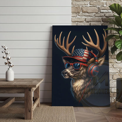 Patriotic Deer With American Flag Headphones Modern Rustic Art Wrapped Canvas