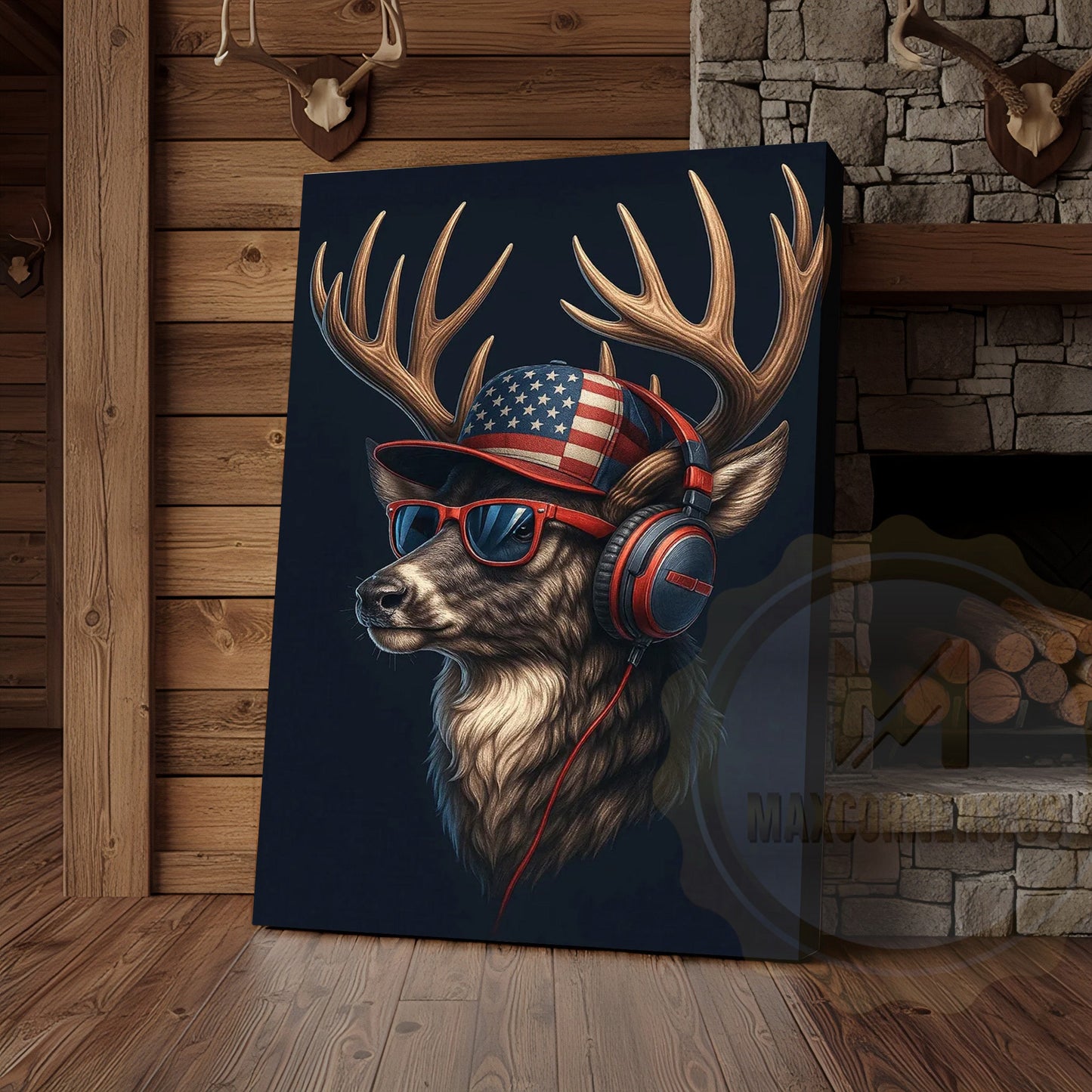 Patriotic Deer With American Flag Headphones Modern Rustic Art Wrapped Canvas