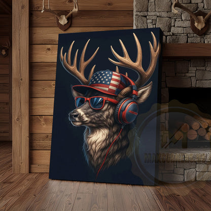 Patriotic Deer With American Flag Headphones Modern Rustic Art Wrapped Canvas