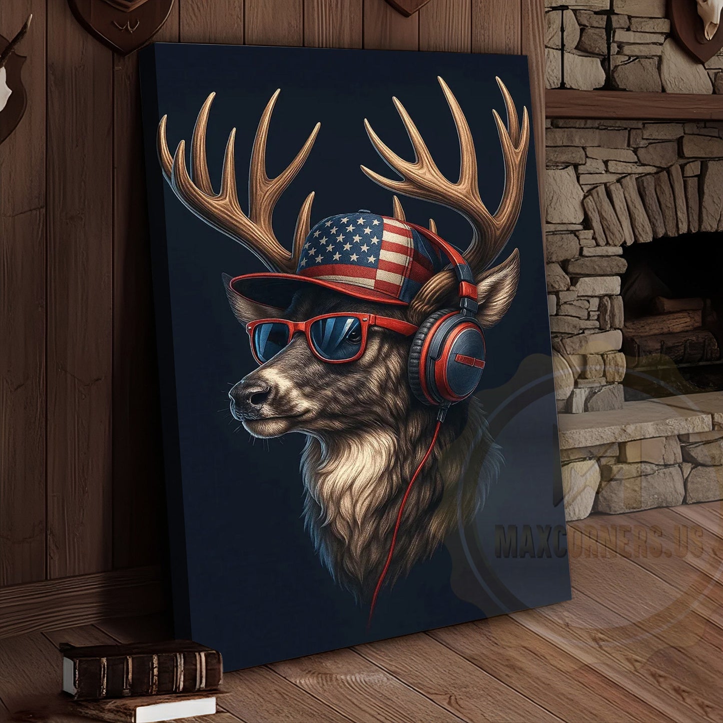 Patriotic Deer With American Flag Headphones Modern Rustic Art Wrapped Canvas