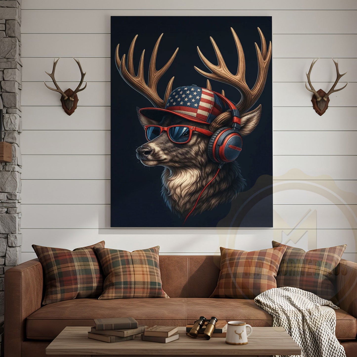 Patriotic Deer With American Flag Headphones Modern Rustic Art Wrapped Canvas