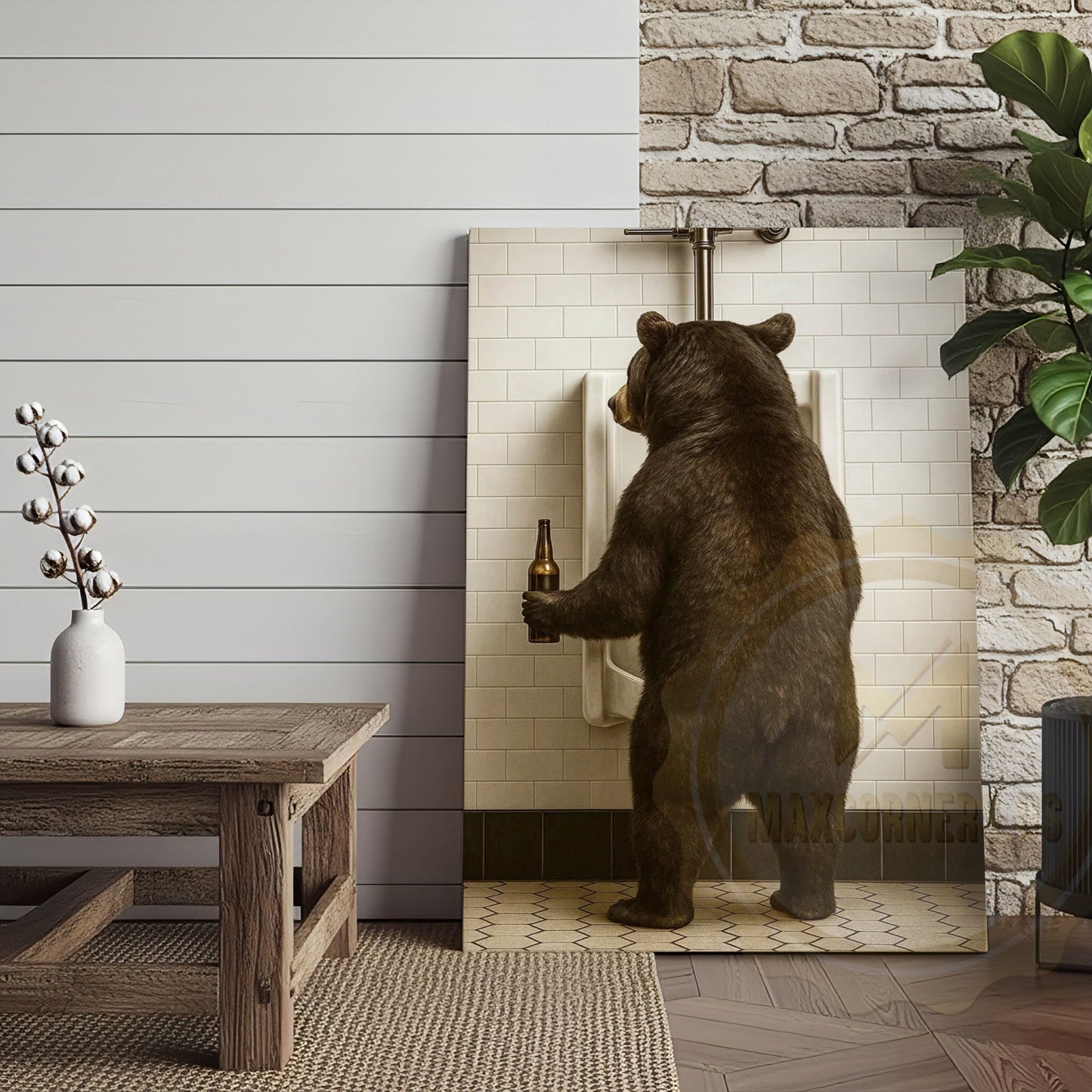 Funny Bear In Bathroom With Beer Rustic Lodge Art Wrapped Canvas