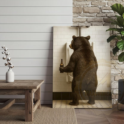 Funny Bear In Bathroom With Beer Rustic Lodge Art Wrapped Canvas
