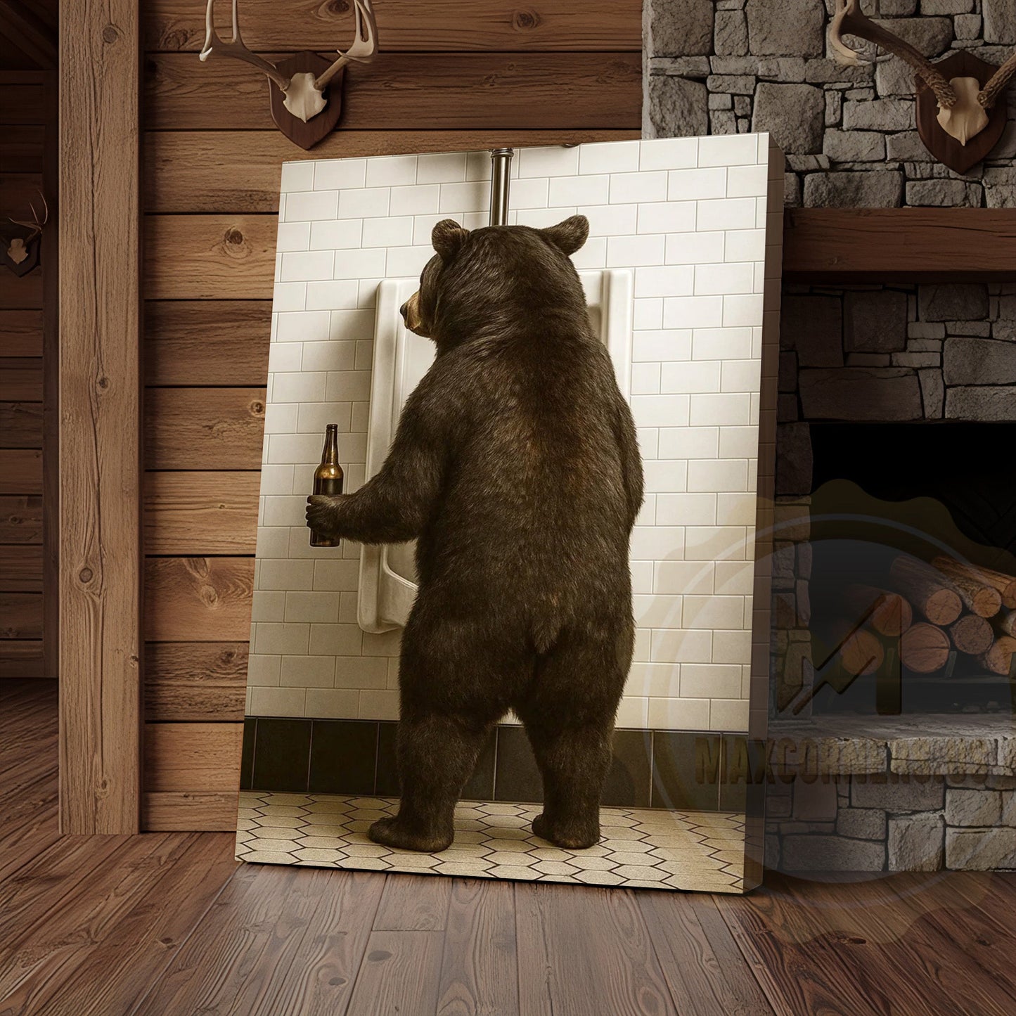 Funny Bear In Bathroom With Beer Rustic Lodge Art Wrapped Canvas
