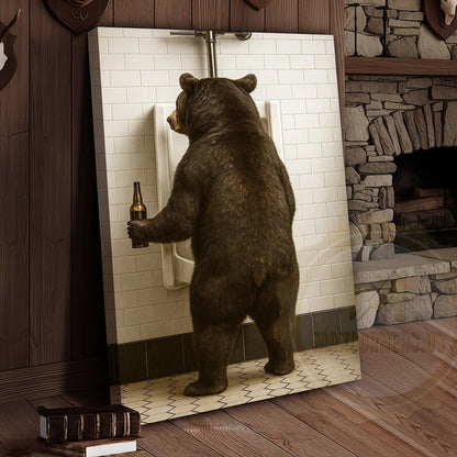 Funny Bear In Bathroom With Beer Rustic Lodge Art Wrapped Canvas
