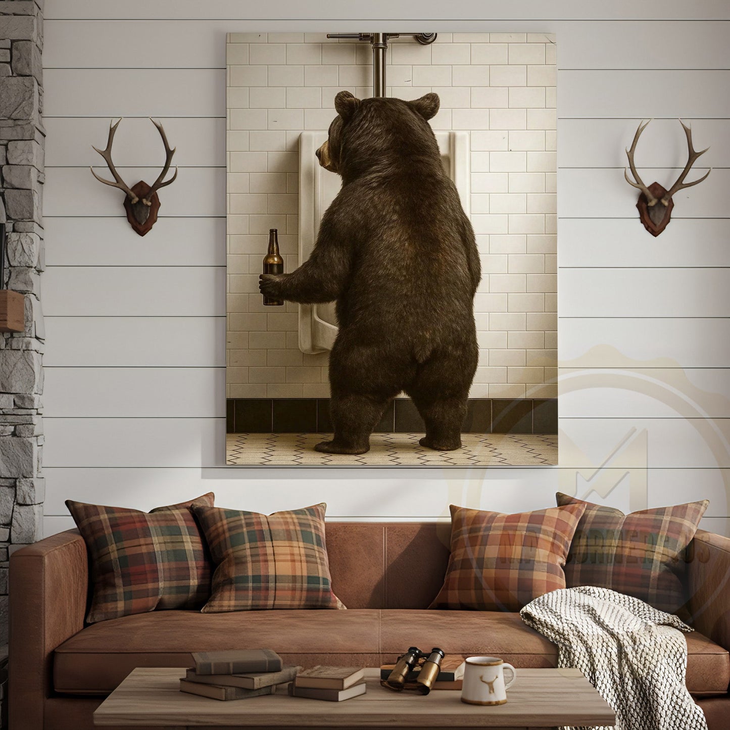 Funny Bear In Bathroom With Beer Rustic Lodge Art Wrapped Canvas
