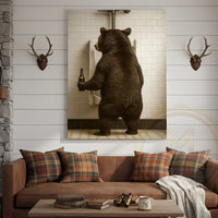 Funny Bear In Bathroom With Beer Rustic Lodge Art Wrapped Canvas