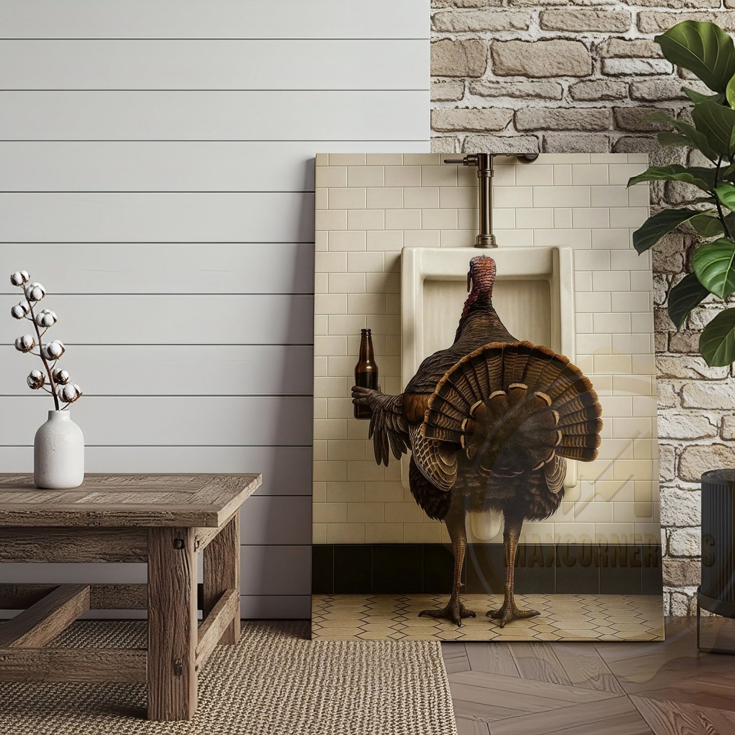Funny Turkey With Beer Rustic Bathroom Wall Art Wrapped Canvas