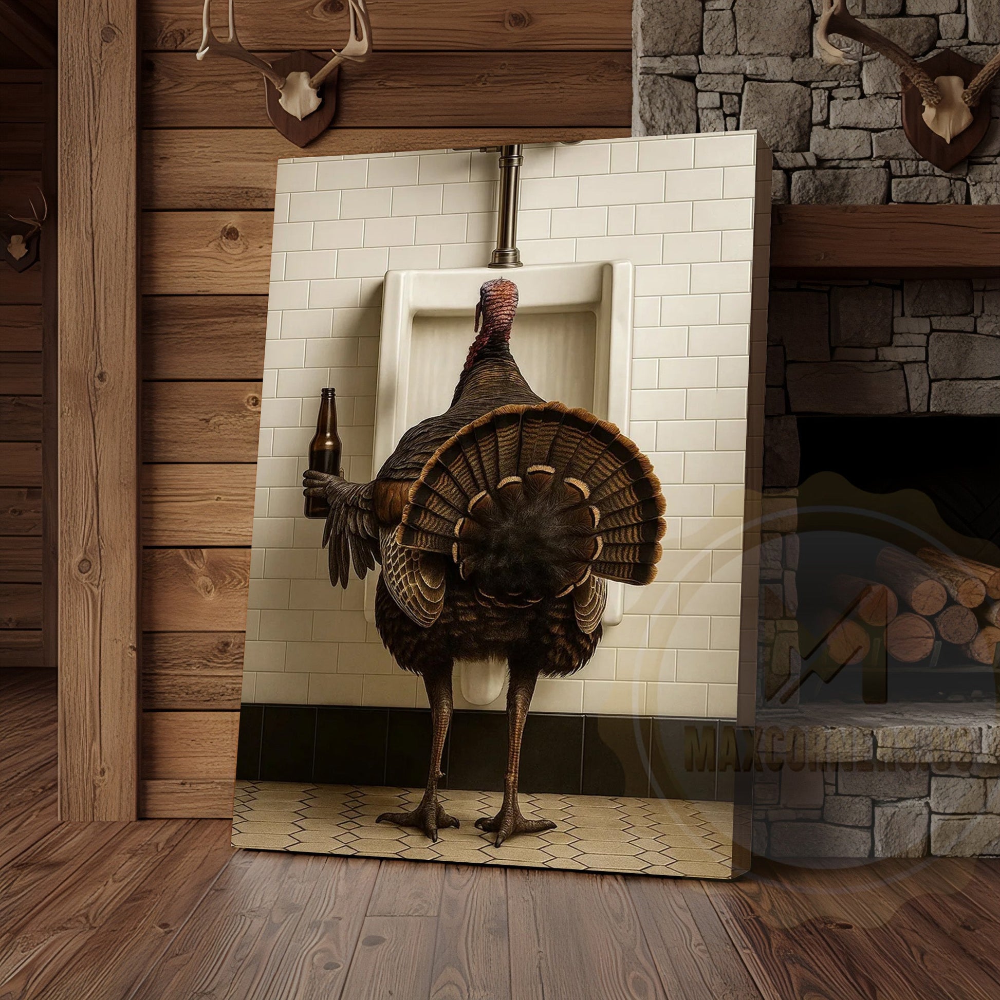 Funny Turkey With Beer Rustic Bathroom Wall Art Wrapped Canvas